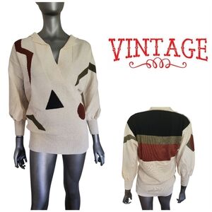94B. Vtg. Antonella Preve Women's Geometric Sweater - Cream, Black, Green - SM